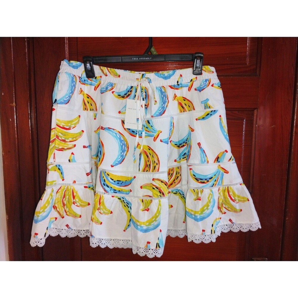 NWT Sz XL Free Assembly Banana Skirt Lined Yellow Blue White